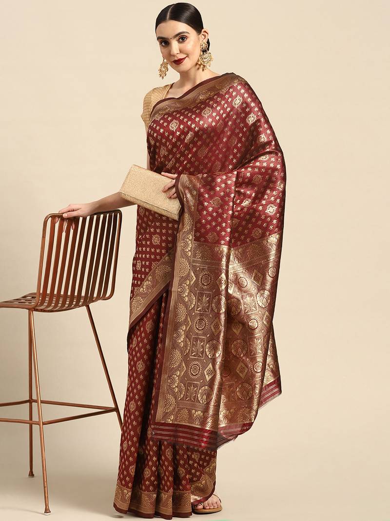 Maroon Kota Lichi Golden Zari Ethnic Motif Banarasi StyleContemporary Woven Design Saree With Running Blouse Piece