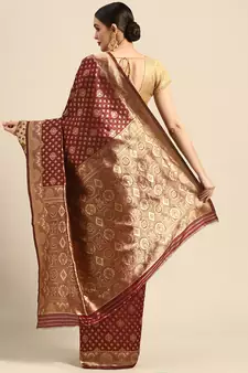 Maroon Kota Lichi Golden Zari Ethnic Motif Banarasi StyleContemporary Woven Design Saree With Running Blouse Piece
