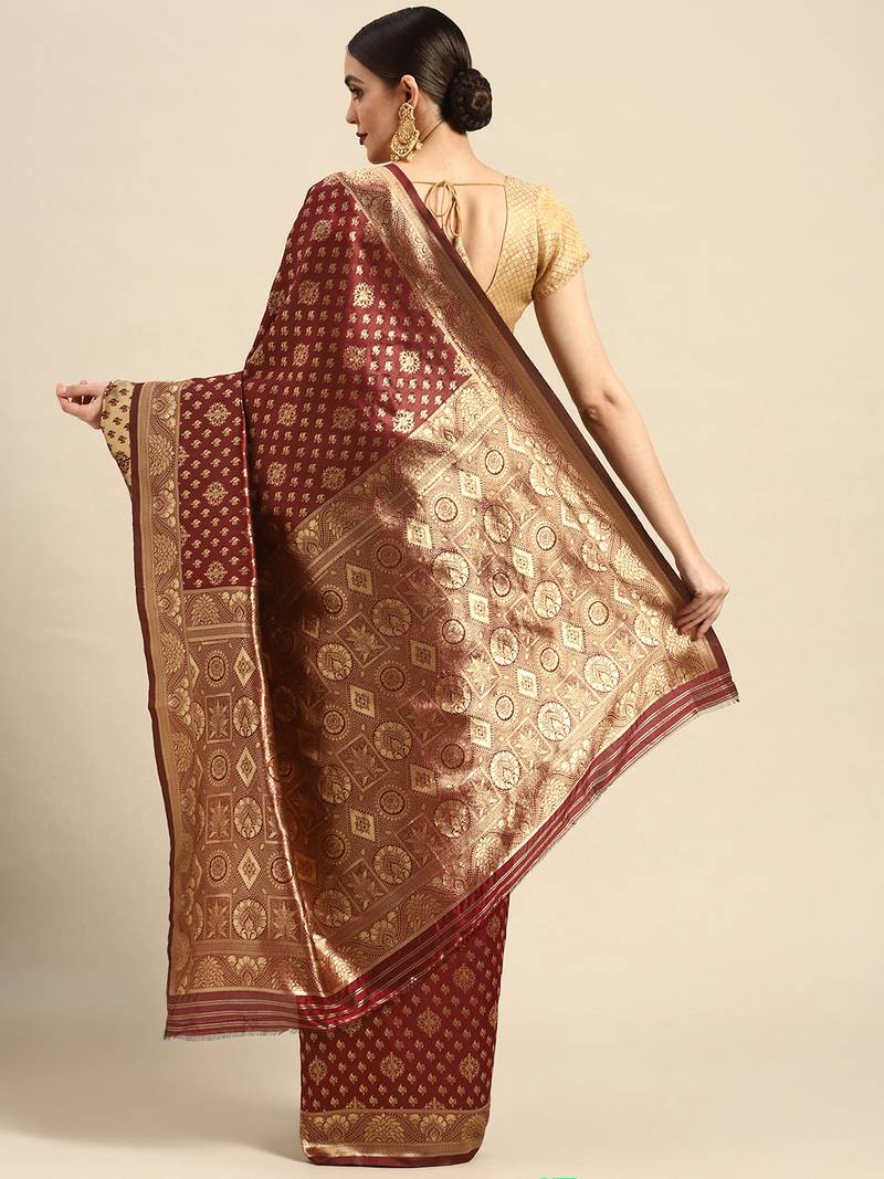 Maroon Kota Lichi Golden Zari Ethnic Motif Banarasi StyleContemporary Woven Design Saree With Running Blouse Piece