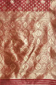 Maroon Kota Lichi Golden Zari Ethnic Motif Banarasi StyleContemporary Woven Design Saree With Running Blouse Piece