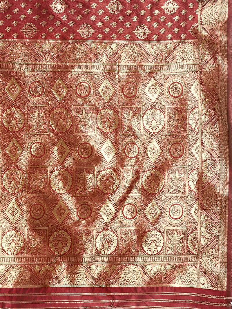 Maroon Kota Lichi Golden Zari Ethnic Motif Banarasi StyleContemporary Woven Design Saree With Running Blouse Piece