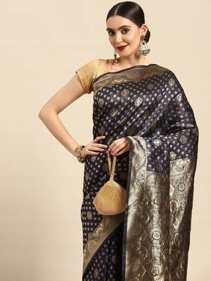 Women's Navy Blue Kota Lichi Golden Zari Ethnic Motif Banarasi Contemporary Woven Design Saree With Running Blouse Piece 1