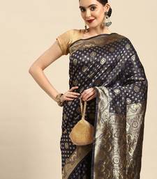 Women's Navy Blue Kota Lichi Golden Zari Ethnic Motif Banarasi Contemporary Woven Design Saree With Running Blouse Piece