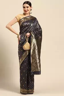 Women's Navy Blue Kota Lichi Golden Zari Ethnic Motif Banarasi Contemporary Woven Design Saree With Running Blouse Piece