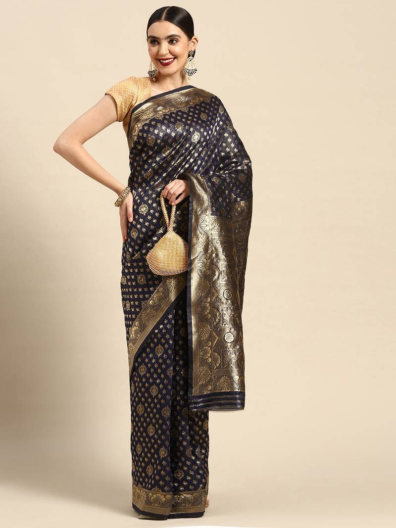 Women's Navy Blue Kota Lichi Golden Zari Ethnic Motif Banarasi Contemporary Woven Design Saree With Running Blouse Piece