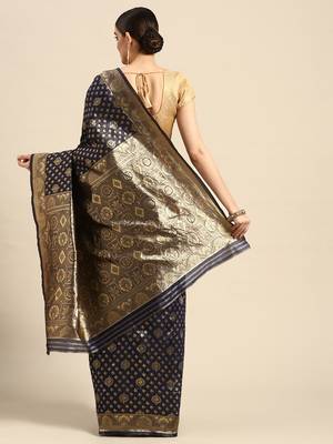 Women's Navy Blue Kota Lichi Golden Zari Ethnic Motif Banarasi Contemporary Woven Design Saree With Running Blouse Piece 3