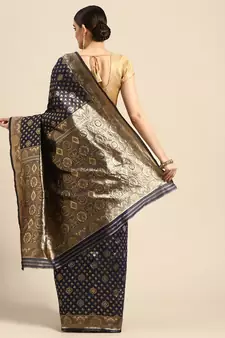 Women's Navy Blue Kota Lichi Golden Zari Ethnic Motif Banarasi Contemporary Woven Design Saree With Running Blouse Piece