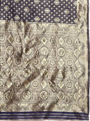 Women's Navy Blue Kota Lichi Golden Zari Ethnic Motif Banarasi Contemporary Woven Design Saree With Running Blouse Piece 4