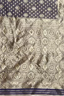 Women's Navy Blue Kota Lichi Golden Zari Ethnic Motif Banarasi Contemporary Woven Design Saree With Running Blouse Piece