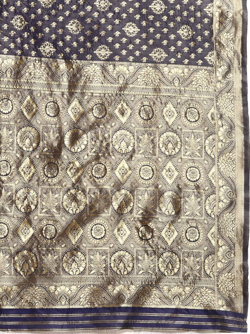 Women's Navy Blue Kota Lichi Golden Zari Ethnic Motif Banarasi Contemporary Woven Design Saree With Running Blouse Piece