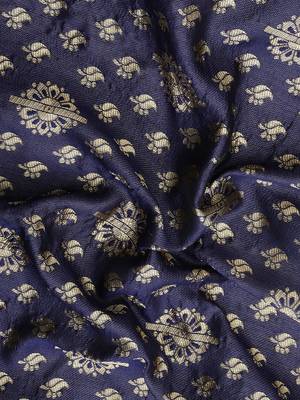 Women's Navy Blue Kota Lichi Golden Zari Ethnic Motif Banarasi Contemporary Woven Design Saree With Running Blouse Piece 5