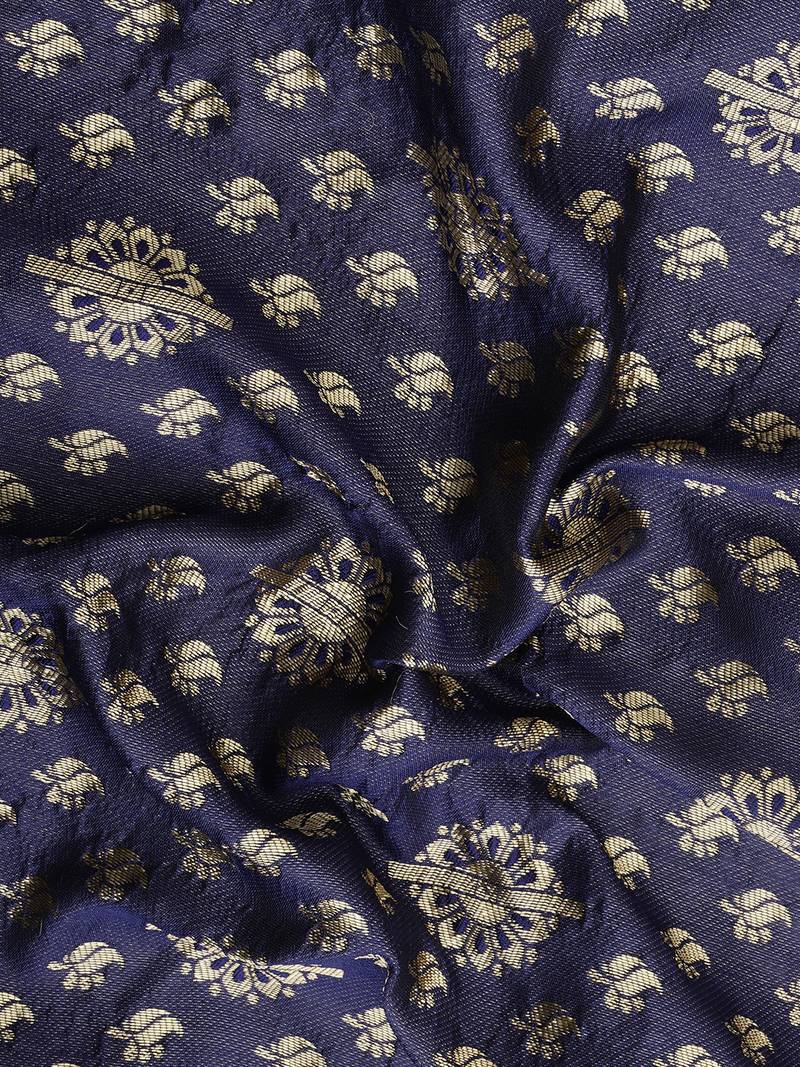 Women's Navy Blue Kota Lichi Golden Zari Ethnic Motif Banarasi Contemporary Woven Design Saree With Running Blouse Piece