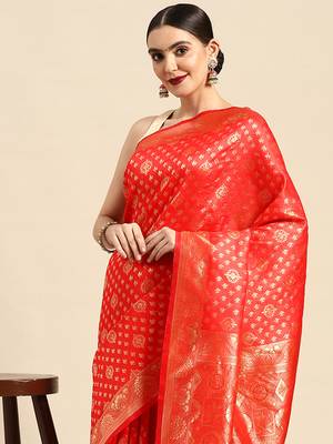 Red Kota Lichi Golden Zari Ethnic Motif Banarasi StyleContemporary Woven Design Saree With Running Blouse Piece 1