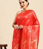 Red Kota Lichi Golden Zari Ethnic Motif Banarasi StyleContemporary Woven Design Saree With Running Blouse Piece