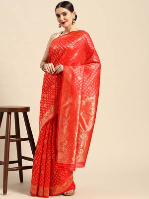 Red Kota Lichi Golden Zari Ethnic Motif Banarasi StyleContemporary Woven Design Saree With Running Blouse Piece 2