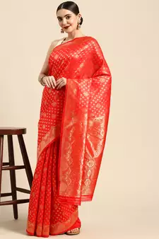Red Kota Lichi Golden Zari Ethnic Motif Banarasi StyleContemporary Woven Design Saree With Running Blouse Piece