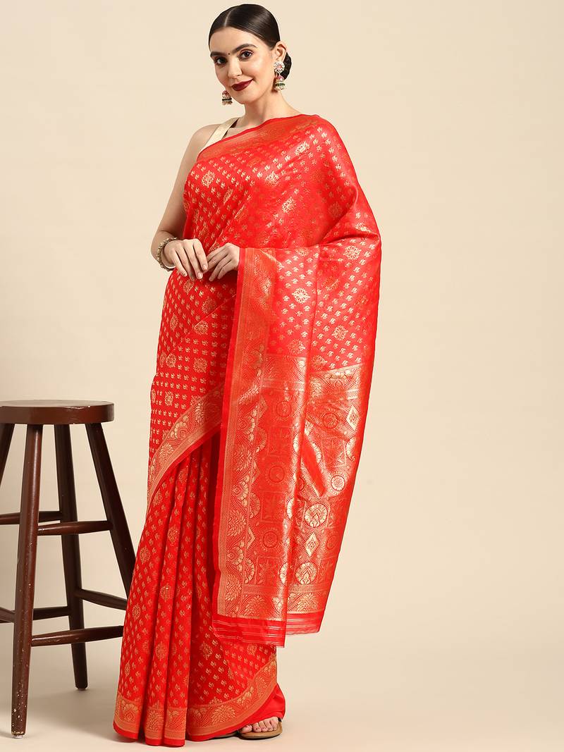 Red Kota Lichi Golden Zari Ethnic Motif Banarasi StyleContemporary Woven Design Saree With Running Blouse Piece