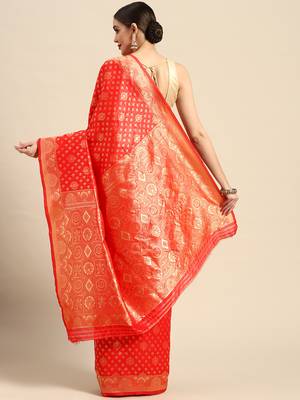 Red Kota Lichi Golden Zari Ethnic Motif Banarasi StyleContemporary Woven Design Saree With Running Blouse Piece 3