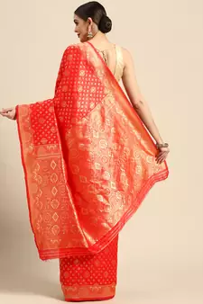 Red Kota Lichi Golden Zari Ethnic Motif Banarasi StyleContemporary Woven Design Saree With Running Blouse Piece