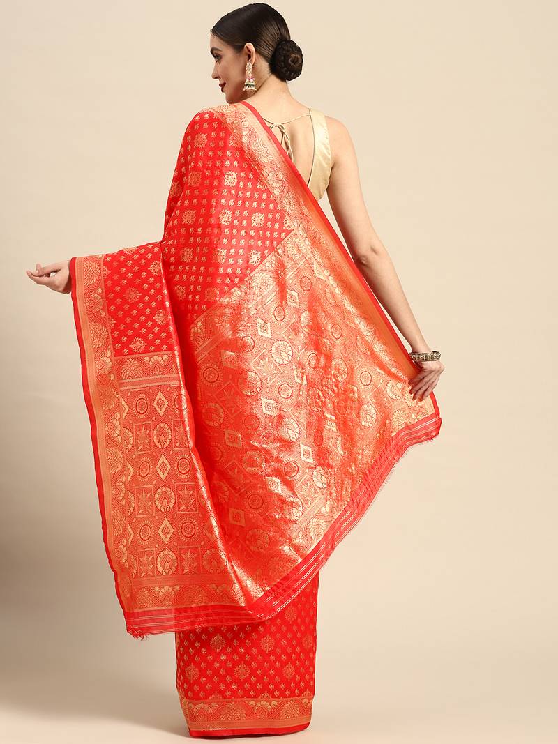 Red Kota Lichi Golden Zari Ethnic Motif Banarasi StyleContemporary Woven Design Saree With Running Blouse Piece