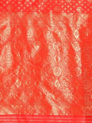 Red Kota Lichi Golden Zari Ethnic Motif Banarasi StyleContemporary Woven Design Saree With Running Blouse Piece 4
