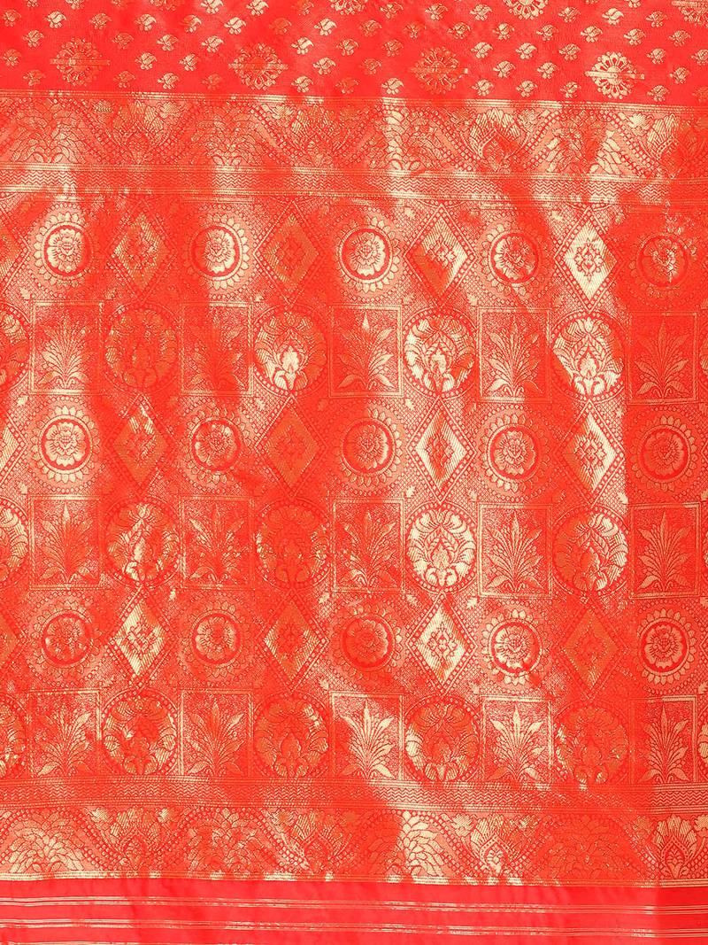 Red Kota Lichi Golden Zari Ethnic Motif Banarasi StyleContemporary Woven Design Saree With Running Blouse Piece