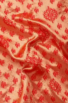Red Kota Lichi Golden Zari Ethnic Motif Banarasi StyleContemporary Woven Design Saree With Running Blouse Piece
