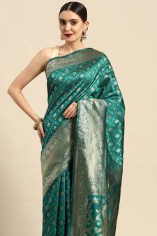 Women's Rama Kota Lichi Golden Zari Ethnic Motif Banarasi StyleContemporary Woven Design Saree With Running Blouse Piece