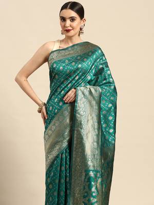 Women's Rama Kota Lichi Golden Zari Ethnic Motif Banarasi StyleContemporary Woven Design Saree With Running Blouse Piece 1