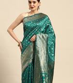 Women's Rama Kota Lichi Golden Zari Ethnic Motif Banarasi StyleContemporary Woven Design Saree With Running Blouse Piece