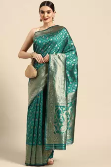 Women's Rama Kota Lichi Golden Zari Ethnic Motif Banarasi StyleContemporary Woven Design Saree With Running Blouse Piece