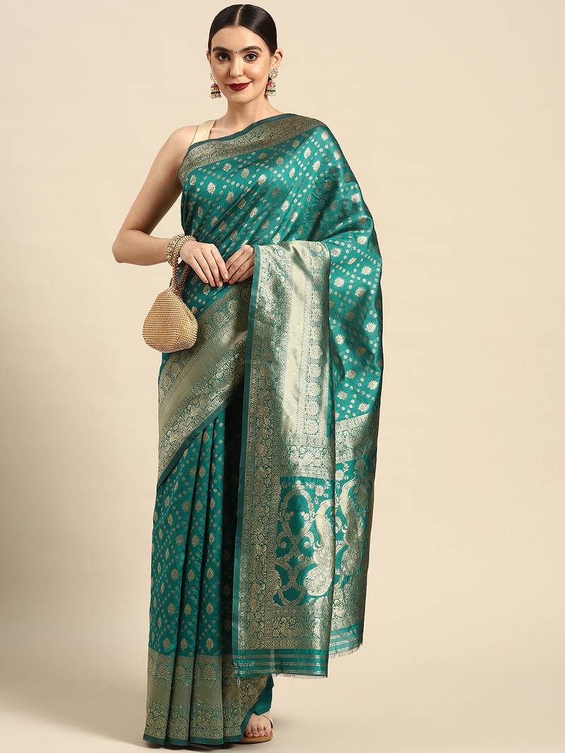 Women's Rama Kota Lichi Golden Zari Ethnic Motif Banarasi StyleContemporary Woven Design Saree With Running Blouse Piece