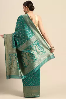 Women's Rama Kota Lichi Golden Zari Ethnic Motif Banarasi StyleContemporary Woven Design Saree With Running Blouse Piece