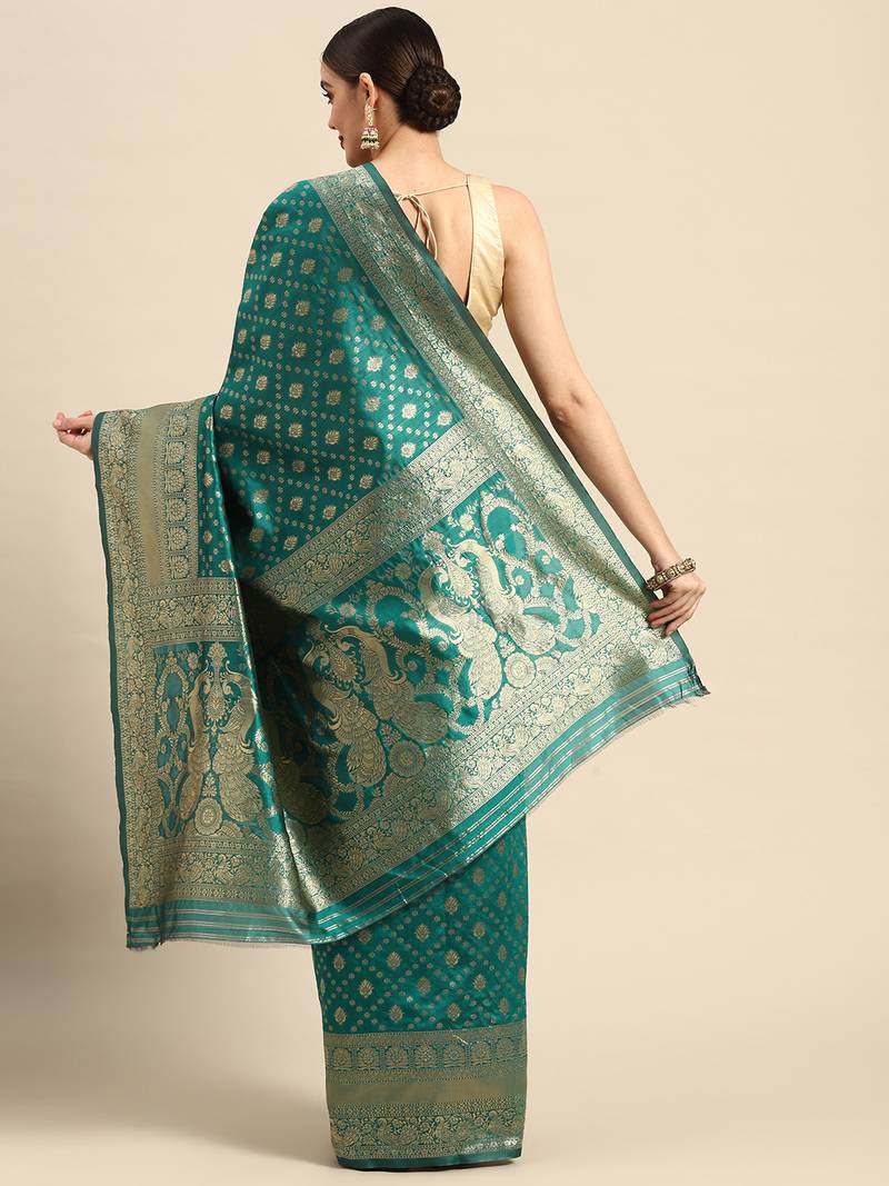 Women's Rama Kota Lichi Golden Zari Ethnic Motif Banarasi StyleContemporary Woven Design Saree With Running Blouse Piece