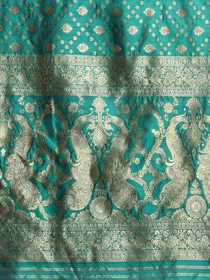 Women's Rama Kota Lichi Golden Zari Ethnic Motif Banarasi StyleContemporary Woven Design Saree With Running Blouse Piece 4