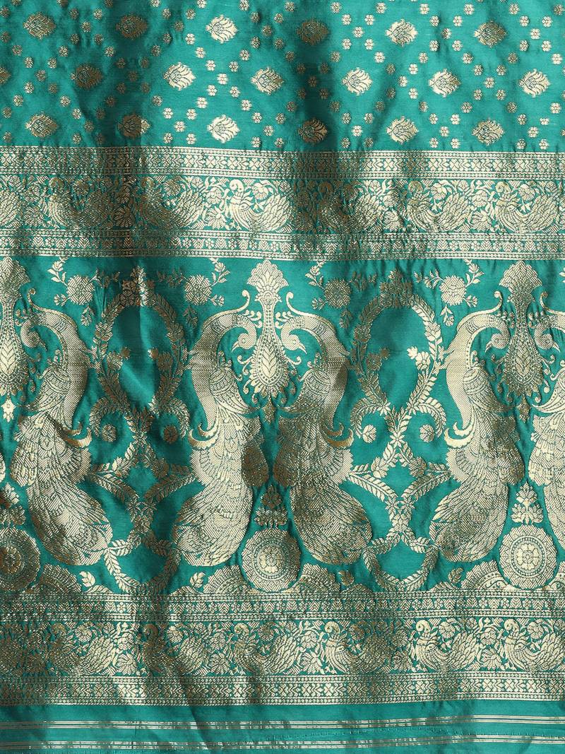 Women's Rama Kota Lichi Golden Zari Ethnic Motif Banarasi StyleContemporary Woven Design Saree With Running Blouse Piece