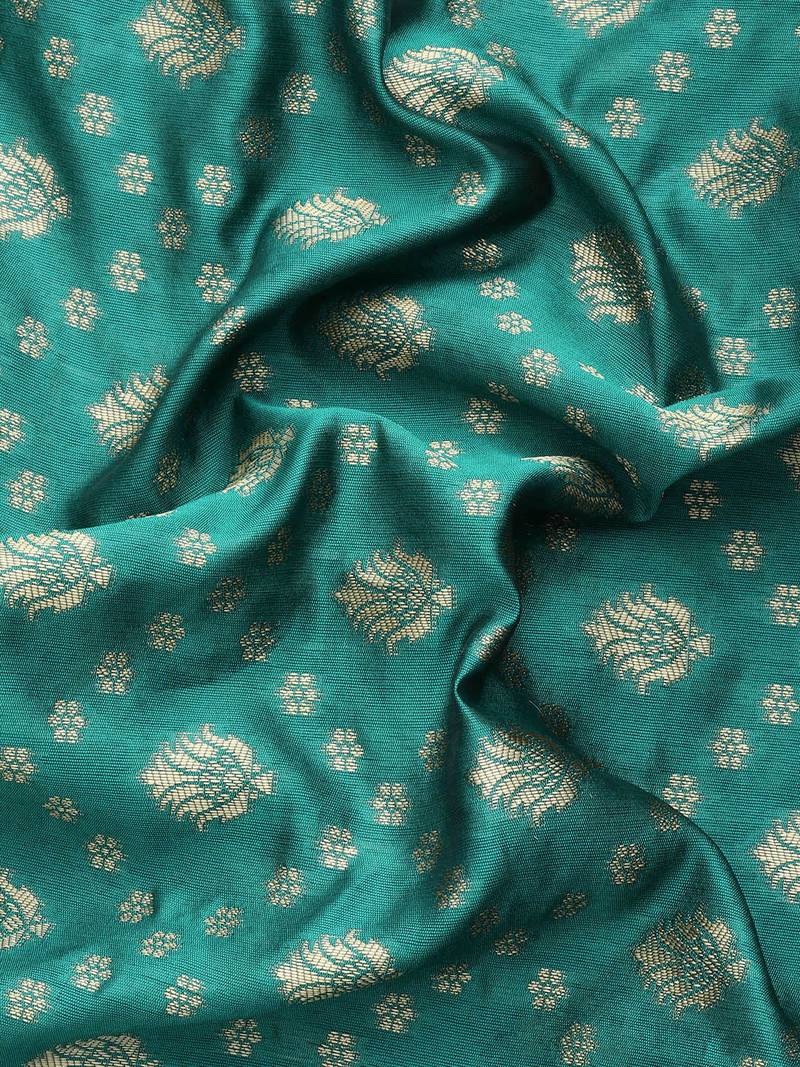 Women's Rama Kota Lichi Golden Zari Ethnic Motif Banarasi StyleContemporary Woven Design Saree With Running Blouse Piece