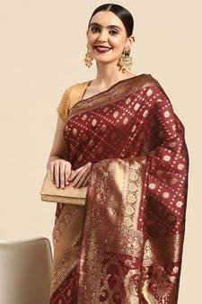 Women's Maroon Kota Lichi Golden Zari Ethnic Motif Banarasi Contemporary Woven Design Saree With Running Blouse Piece