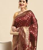 Women's Maroon Kota Lichi Golden Zari Ethnic Motif Banarasi Contemporary Woven Design Saree With Running Blouse Piece