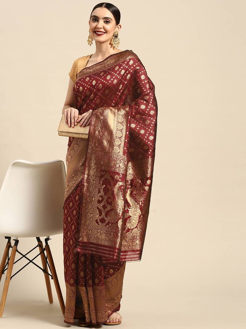 Women's Maroon Kota Lichi Golden Zari Ethnic Motif Banarasi Contemporary Woven Design Saree With Running Blouse Piece