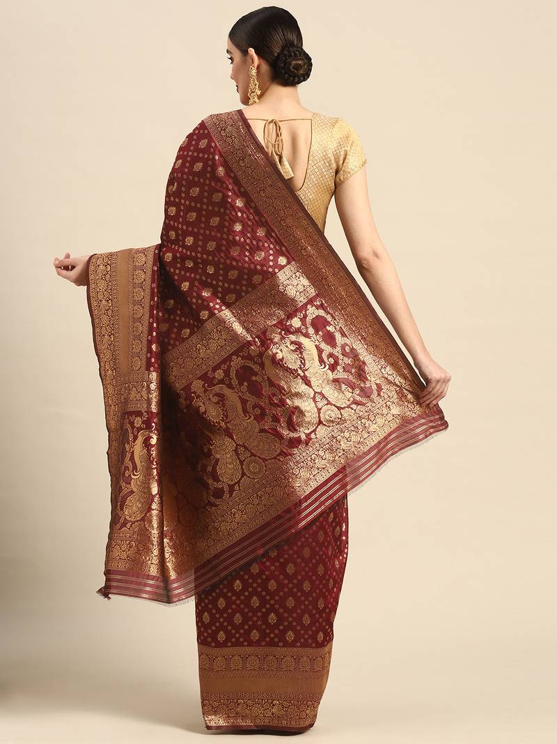 Women's Maroon Kota Lichi Golden Zari Ethnic Motif Banarasi Contemporary Woven Design Saree With Running Blouse Piece