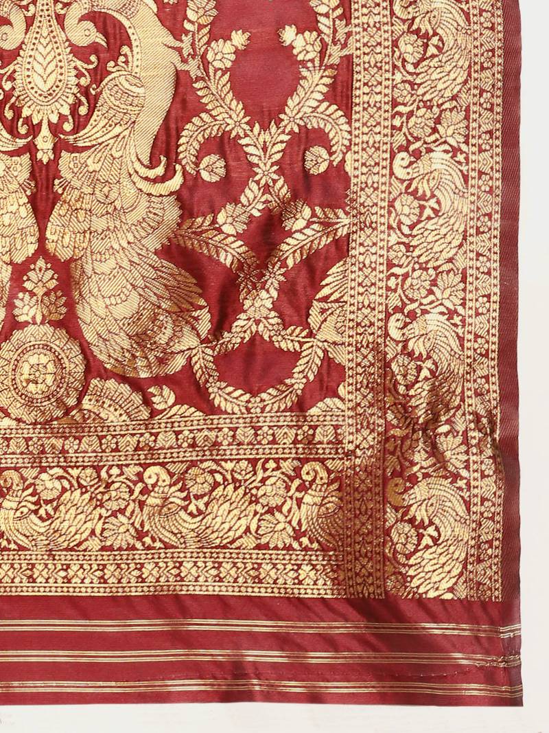 Women's Maroon Kota Lichi Golden Zari Ethnic Motif Banarasi Contemporary Woven Design Saree With Running Blouse Piece