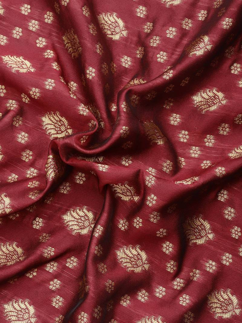 Women's Maroon Kota Lichi Golden Zari Ethnic Motif Banarasi Contemporary Woven Design Saree With Running Blouse Piece