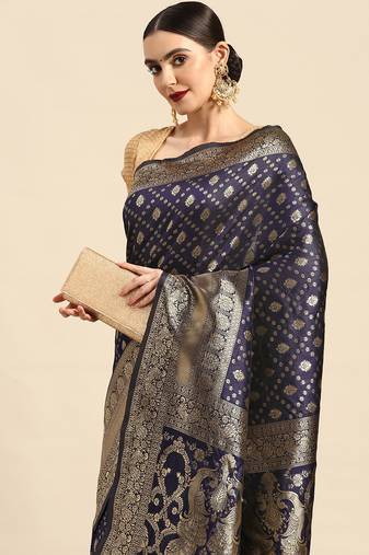 Women's Navy Blue Kota Lichi Golden Zari Ethnic Motif Banarasi Contemporary Woven Design Saree With Running Blouse Piece