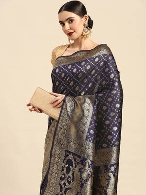 Women's Navy Blue Kota Lichi Golden Zari Ethnic Motif Banarasi Contemporary Woven Design Saree With Running Blouse Piece 1