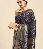 Women's Navy Blue Kota Lichi Golden Zari Ethnic Motif Banarasi Contemporary Woven Design Saree With Running Blouse Piece