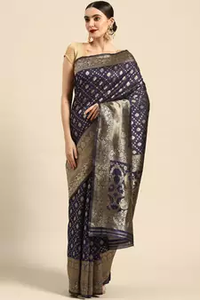 Women's Navy Blue Kota Lichi Golden Zari Ethnic Motif Banarasi Contemporary Woven Design Saree With Running Blouse Piece