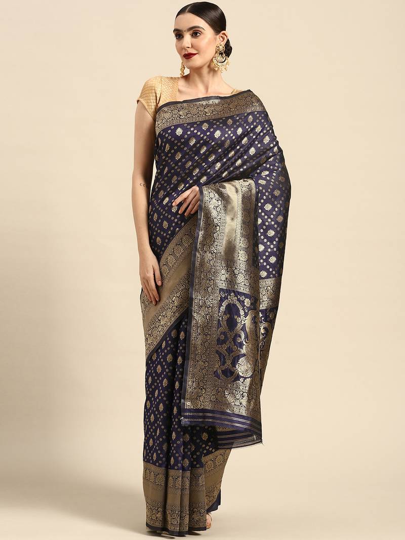 Women's Navy Blue Kota Lichi Golden Zari Ethnic Motif Banarasi Contemporary Woven Design Saree With Running Blouse Piece