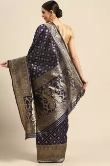 Women's Navy Blue Kota Lichi Golden Zari Ethnic Motif Banarasi Contemporary Woven Design Saree With Running Blouse Piece