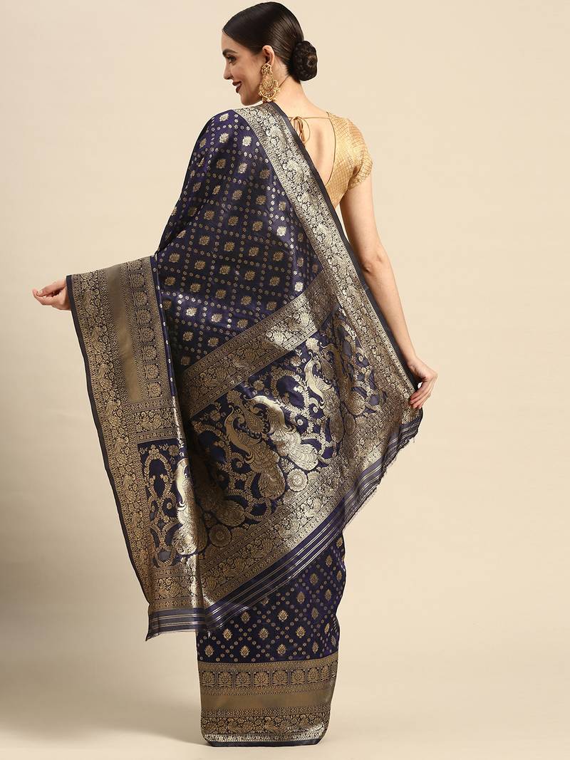 Women's Navy Blue Kota Lichi Golden Zari Ethnic Motif Banarasi Contemporary Woven Design Saree With Running Blouse Piece